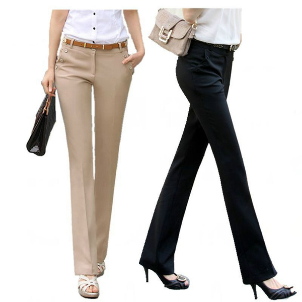 Women Trousers Elastic Waist Pants Straight Thin Office Formal Business  Casual | eBay